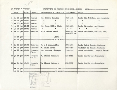Itin&eacute;raire de la tourn&eacute;e hiver-printemps  (1975)