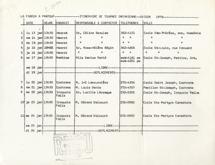 Itin&eacute;raire de la tourn&eacute;e hiver-printemps  (1975)