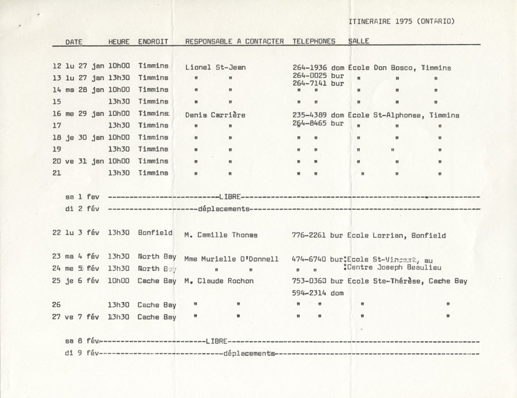 Itin&eacute;raire de la tourn&eacute;e hiver-printemps  (1975)