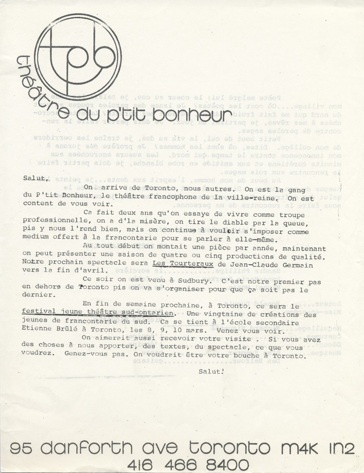 Lettre de pr&eacute;sentation du Th&eacute;&acirc;tre du P'tit Bonheur (1973)