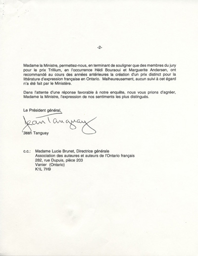 Lettre de Jean Tanguay