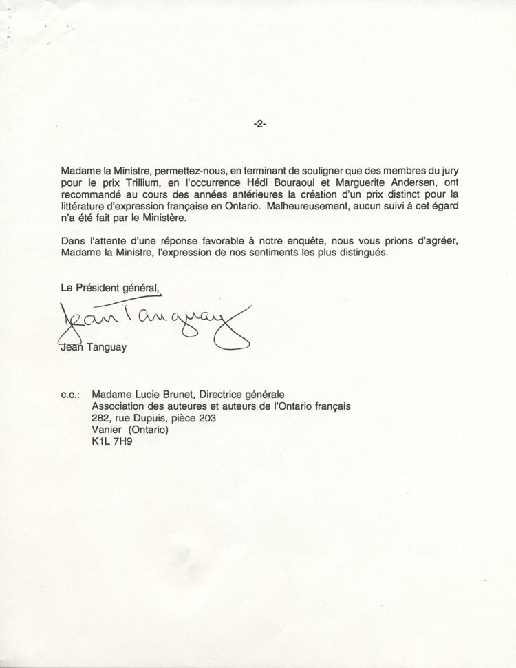 Lettre de Jean Tanguay