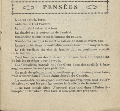 Reproduction d’un texte de la rubrique Pens&eacute;es au sujet des avantages  &eacute;conomiques et patriotiques d’&ecirc;tre membre de l’Union Saint-Joseph du Canada, 1920