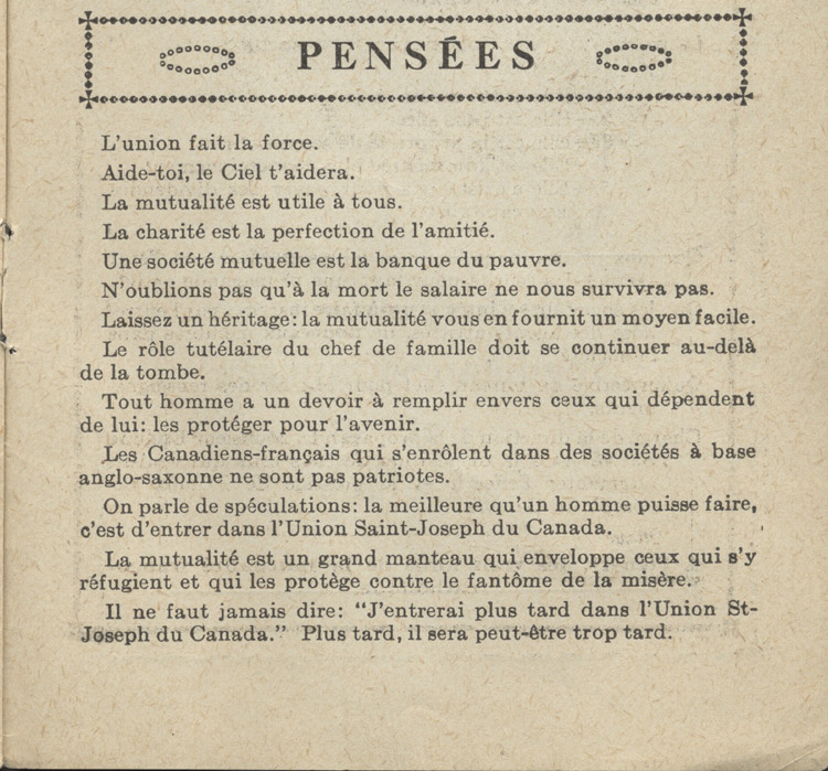 Reproduction d’un texte de la rubrique Pens&eacute;es au sujet des avantages  &eacute;conomiques et patriotiques d’&ecirc;tre membre de l’Union Saint-Joseph du Canada, 1920