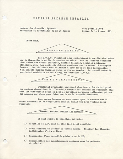 Circulaire adress&eacute;e aux membres, 1965.