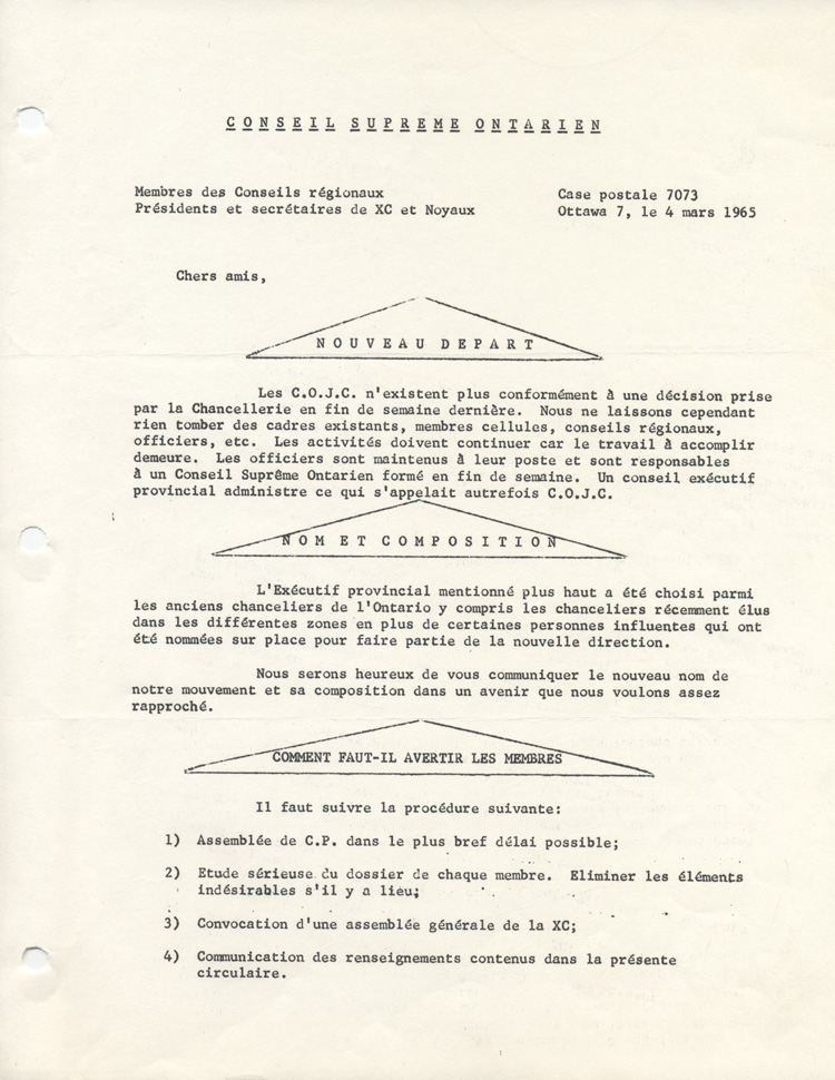 Circulaire adress&eacute;e aux membres, 1965.