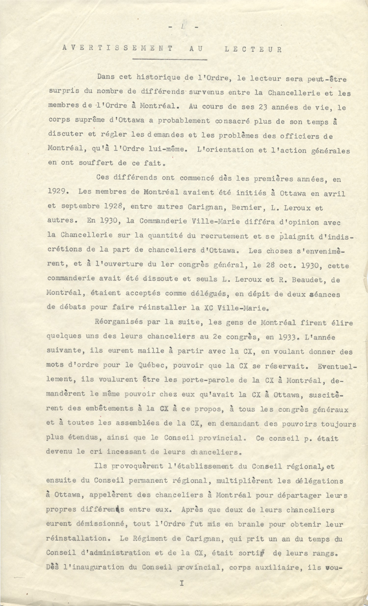 &laquo;&nbsp;Avertissement au lecteur&nbsp;&raquo; pr&eacute;c&eacute;dant l'historique de l'Ordre de Jacques Cartier, 1949.