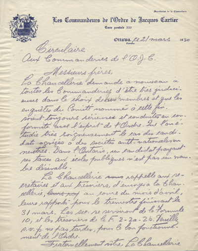  Lettre circulaire envoy&eacute;e aux commanderies de l'Ordre de Jacques Cartier (OJC), 1930.