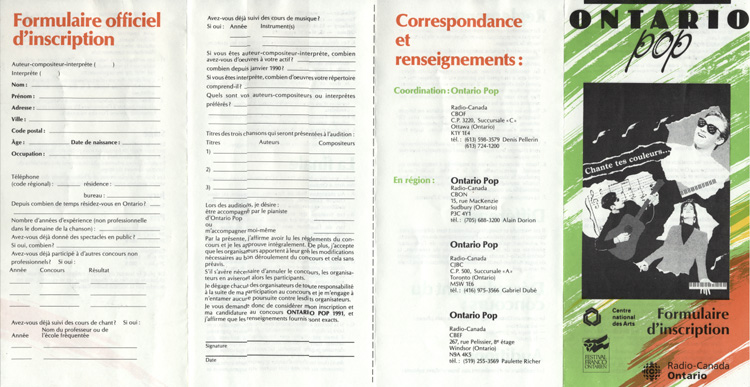 Formulaire officiel d'inscription au concours Ontario pop 1991
