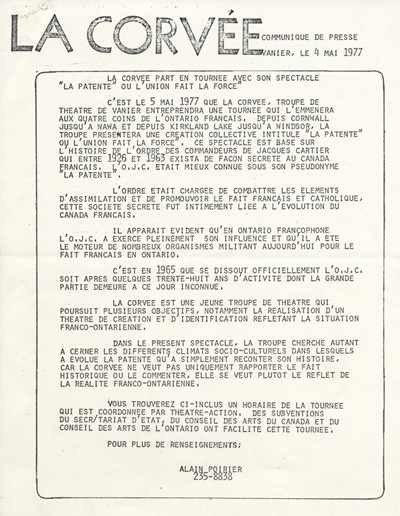 Communiqu&eacute; de presse de la tourn&eacute;e de la cr&eacute;ation collective La Patente&nbsp;ou L'Union fait la force (1977)