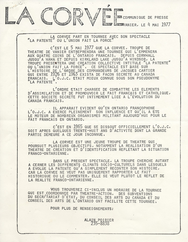 Communiqu&eacute; de presse de la tourn&eacute;e de la cr&eacute;ation collective La Patente&nbsp;ou L'Union fait la force (1977)