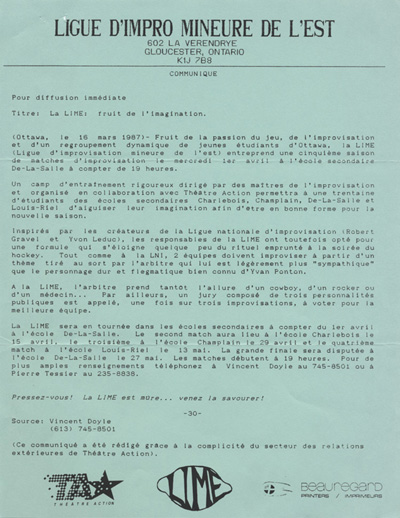 Communiqu&eacute; de presse de la Ligue d'impro mineure de l'Est (1987)