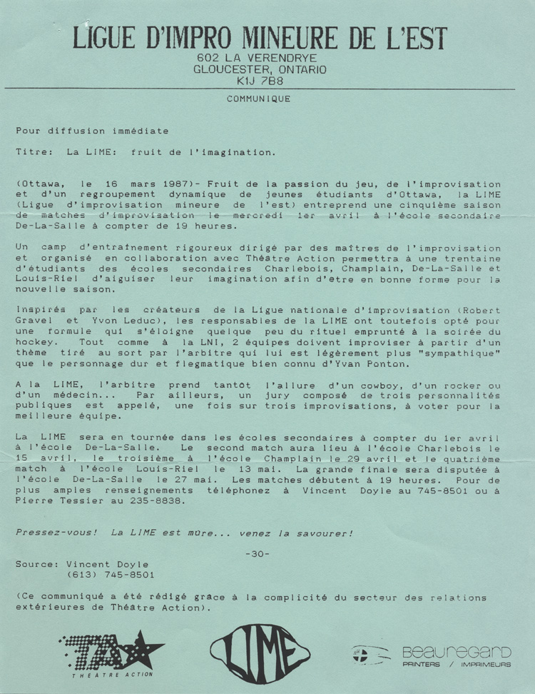 Communiqu&eacute; de presse de la Ligue d'impro mineure de l'Est (1987)