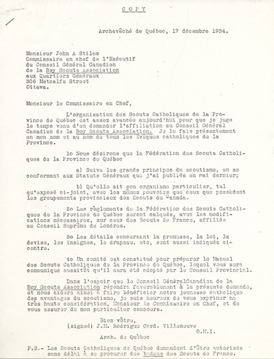 lettre du cardinal Rodrigue Villeneuve, archev&ecirc;que de Qu&eacute;bec, &agrave; John A. Stiles (1934)