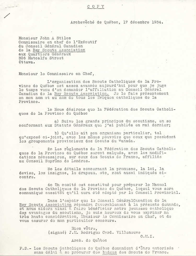 lettre du cardinal Rodrigue Villeneuve, archev&ecirc;que de Qu&eacute;bec, &agrave; John A. Stiles (1934)