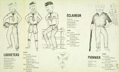 Dessin des uniformes des diff&eacute;rentes branches et des diff&eacute;rents grades de scouts