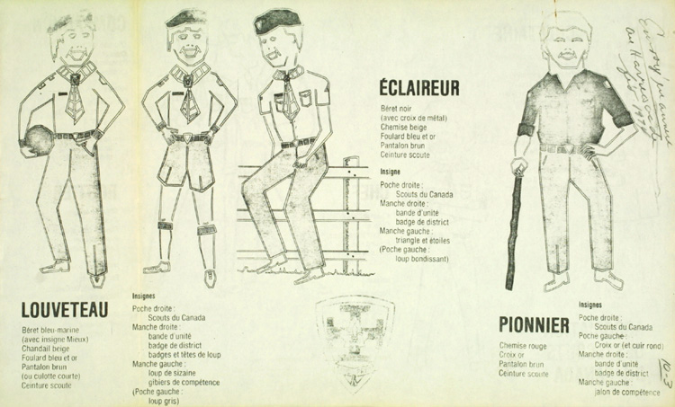 Dessin des uniformes des diff&eacute;rentes branches et des diff&eacute;rents grades de scouts