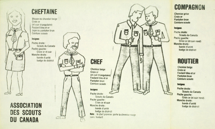 Dessin des uniformes des diff&eacute;rentes branches et des diff&eacute;rents grades de scouts