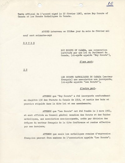 accord sign&eacute; le 22 f&eacute;vrier 1967 entre la Boy Scouts Association of Canada et l'Association des scouts catholiques du Canada