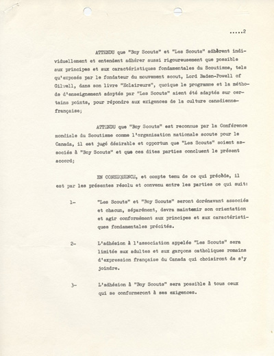 accord sign&eacute; le 22 f&eacute;vrier 1967 entre la Boy Scouts Association of Canada et l'Association des scouts catholiques du Canada