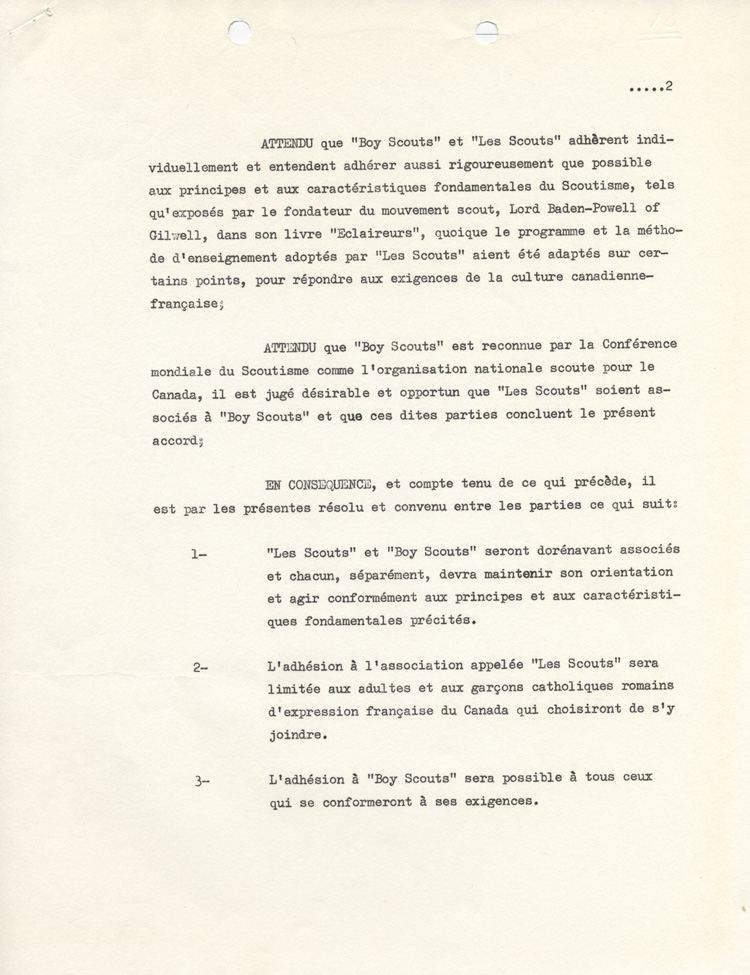 accord sign&eacute; le 22 f&eacute;vrier 1967 entre la Boy Scouts Association of Canada et l'Association des scouts catholiques du Canada