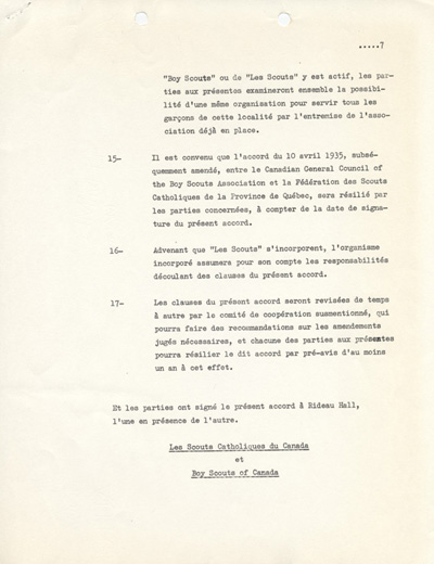 accord sign&eacute; le 22 f&eacute;vrier 1967 entre la Boy Scouts Association of Canada et l'Association des scouts catholiques du Canada