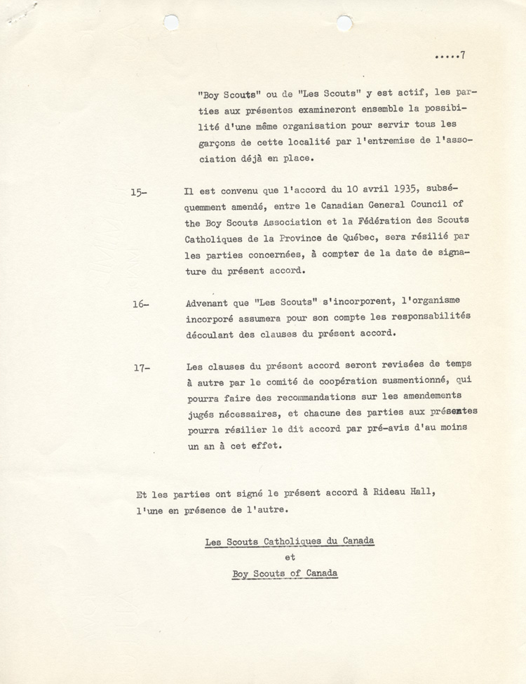accord sign&eacute; le 22 f&eacute;vrier 1967 entre la Boy Scouts Association of Canada et l'Association des scouts catholiques du Canada