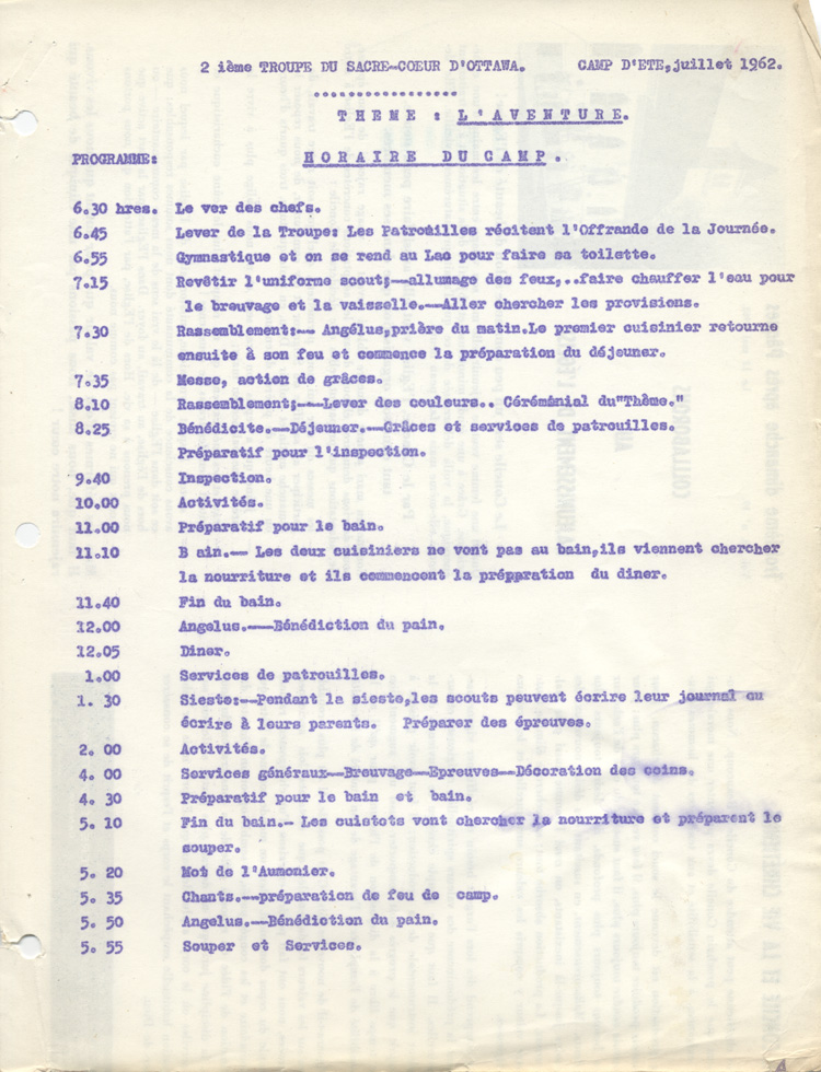 Horaire du camp d'&eacute;t&eacute; de la 2e troupe de la paroisse Sacr&eacute;-Coeur d'Ottawa (1962)