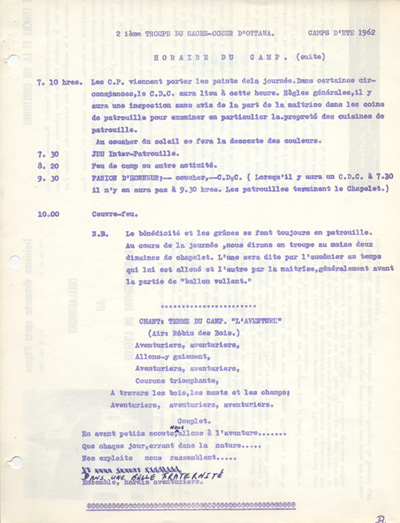 Horaire du camp d'&eacute;t&eacute; de la 2e troupe de la paroisse Sacr&eacute;-Coeur d'Ottawa (1962)