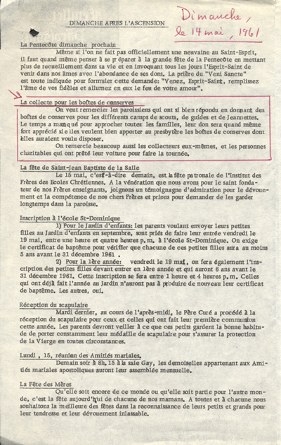 Extrait du feuillet paroissial de la paroisse Saint-Jean-Baptiste d'Ottawa (1961)