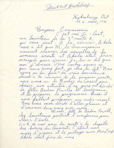 Lettre manuscrite de Bertrand Castonguay, louveteau (1972)