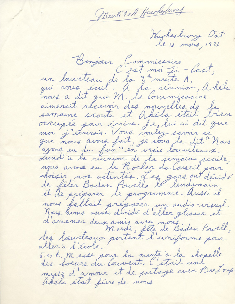 Lettre manuscrite de Bertrand Castonguay, louveteau (1972)
