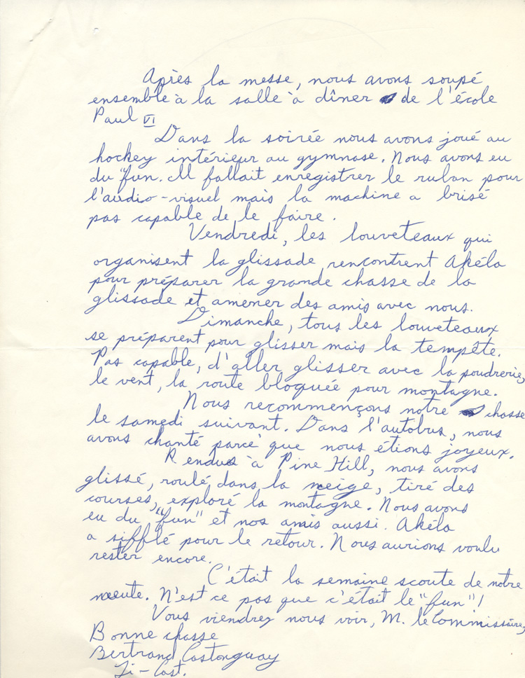 Lettre manuscrite de Bertrand Castonguay, louveteau (1972)