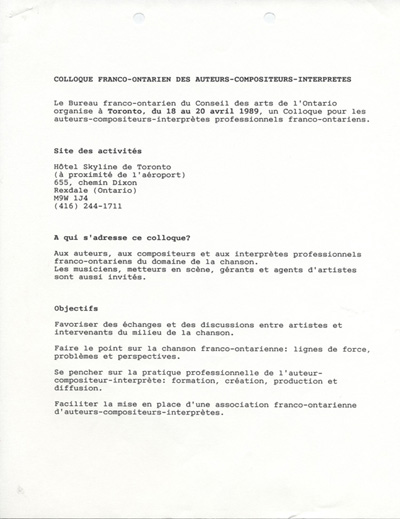Colloque franco-ontarien des auteurs-compositeurs-interpr&egrave;tes (1989)