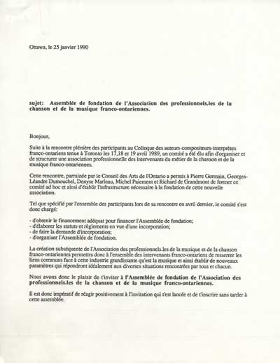 Avis de convocation &agrave; l'assembl&eacute;e de fondation de l'Association des professionnels de la chanson et de la musique franco-ontariennes (APCM)
