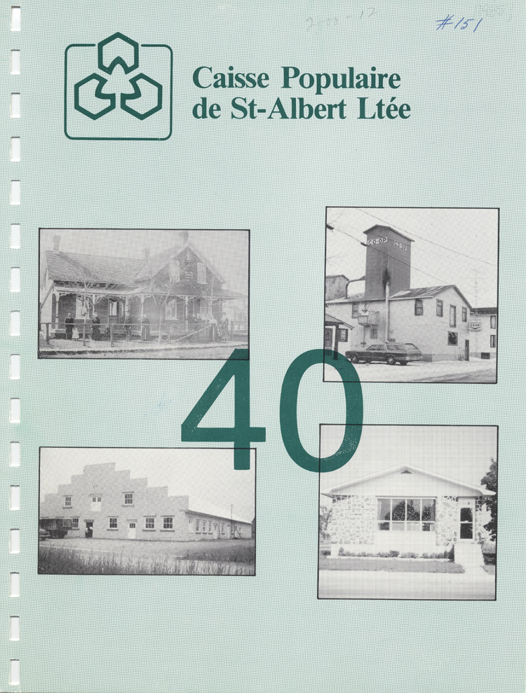 Reproduction de la page de titre de la brochure du 40e anniversaire de fondation de la Caisse populaire Saint-Albert &agrave; Saint-Albert (Ontario), 1985.