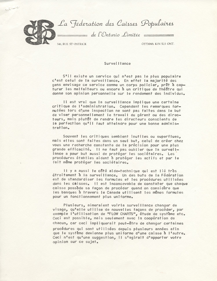Reproduction de la premi&egrave;re page d’une circulaire de la F&eacute;d&eacute;ration des caisses populaires de l’Ontario au sujet du processus de surveillance dans les caisses populaires, [197-?].