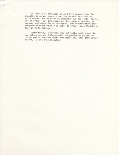 Reproduction de la deuxi&egrave;me page d’une circulaire de la F&eacute;d&eacute;ration des caisses populaires de l’Ontario au sujet du processus de surveillance dans les caisses populaires, [197-?].