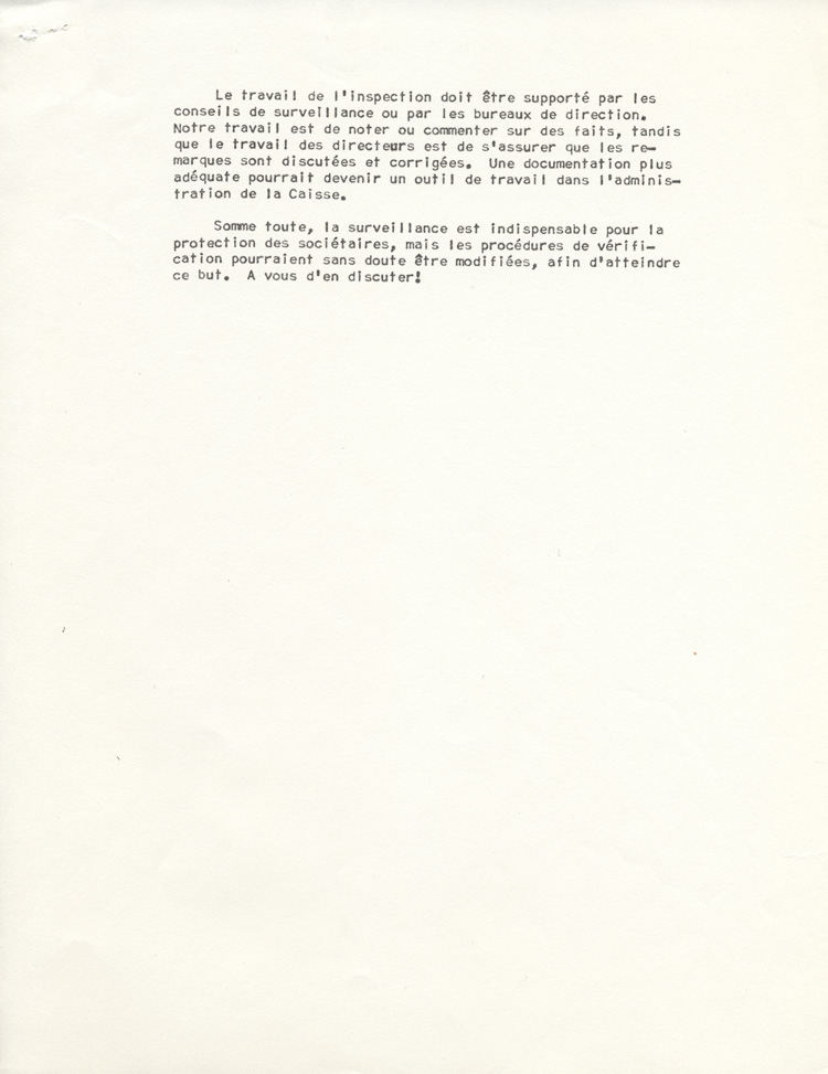 Reproduction de la deuxi&egrave;me page d’une circulaire de la F&eacute;d&eacute;ration des caisses populaires de l’Ontario au sujet du processus de surveillance dans les caisses populaires, [197-?].