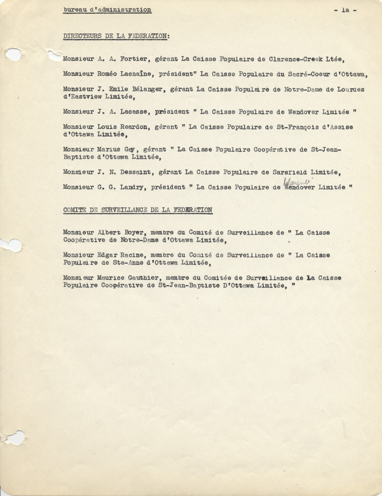 Reproduction de la  page 1a de la premi&egrave;re assembl&eacute;e du Bureau d’administration de la F&eacute;d&eacute;ration des caisses populaires Ottawa et districts, 5 f&eacute;vrier 1946.