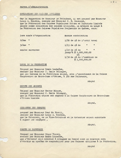 Reproduction de la deuxi&egrave;me page de la premi&egrave;re assembl&eacute;e du Bureau d’administration de la F&eacute;d&eacute;ration des caisses populaires Ottawa et districts, 5 f&eacute;vrier 1946.