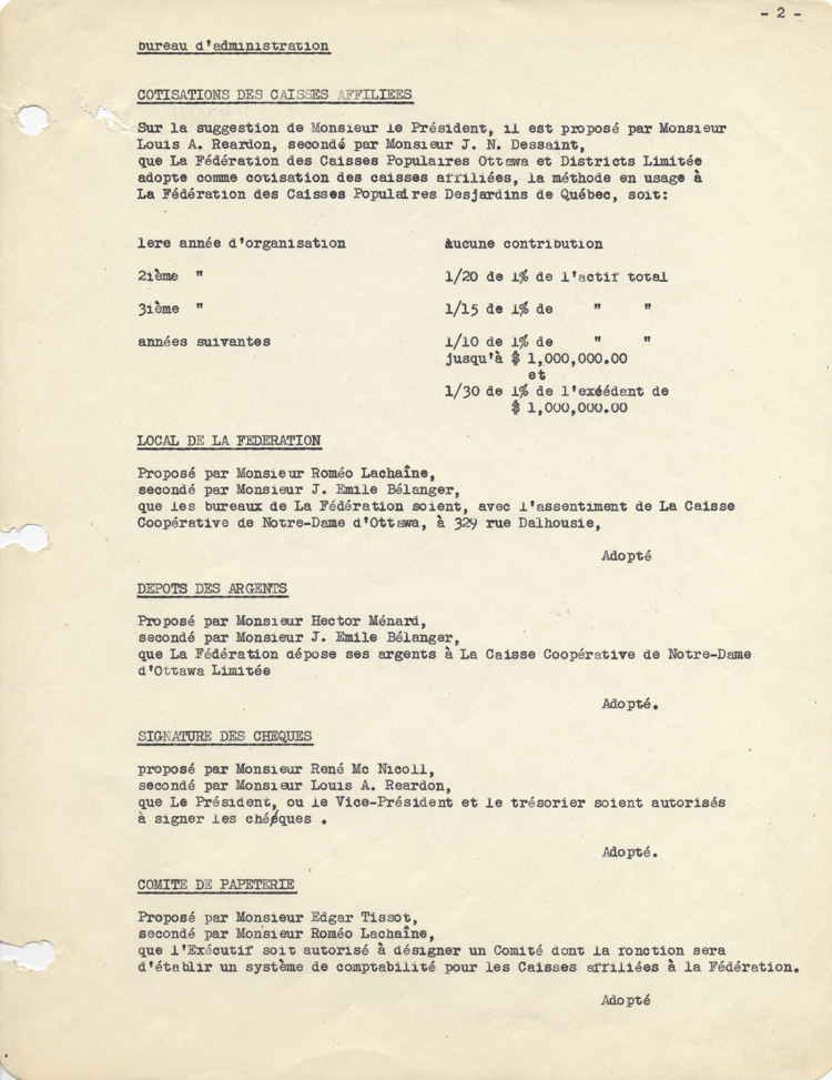 Reproduction de la deuxi&egrave;me page de la premi&egrave;re assembl&eacute;e du Bureau d’administration de la F&eacute;d&eacute;ration des caisses populaires Ottawa et districts, 5 f&eacute;vrier 1946.