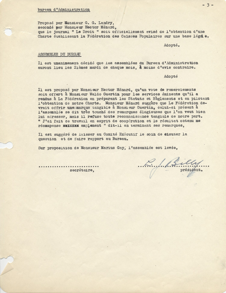 Reproduction de la troisi&egrave;me page de la premi&egrave;re assembl&eacute;e du Bureau d’administration de la F&eacute;d&eacute;ration des caisses populaires Ottawa et districts, 5 f&eacute;vrier 1946.