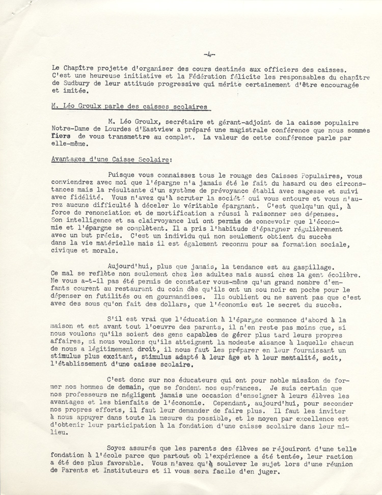 Reproduction de la premi&egrave;re page d’un article paru dans Lettre-bulletin de la F&eacute;d&eacute;ration des caisses populaires canadiennes-fran&ccedil;aises de l’Ontario au sujet des caisses scolaires, avril 1960 