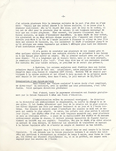Reproduction de la deuxi&egrave;me page d’un article paru dans Lettre-bulletin de la F&eacute;d&eacute;ration des caisses populaires canadiennes-fran&ccedil;aises de l’Ontario au sujet des caisses scolaires, avril 1960 