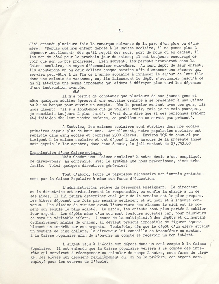 Reproduction de la deuxi&egrave;me page d’un article paru dans Lettre-bulletin de la F&eacute;d&eacute;ration des caisses populaires canadiennes-fran&ccedil;aises de l’Ontario au sujet des caisses scolaires, avril 1960 