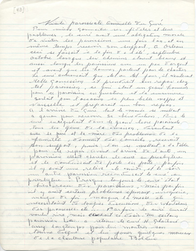 Reproduction de la quarante-troisi&egrave;me page du spicil&egrave;ge du Dr &Eacute;mile Major sur la paroisse Saint-Joseph d'Orl&eacute;ans (Ontario) d&eacute;crivant la visite paroissiale annuelle du cur&eacute;, [195-?].