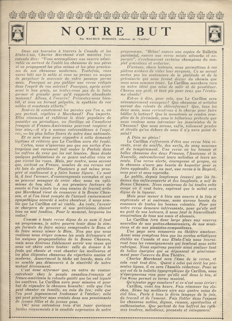 &laquo;&nbsp;Notre but&nbsp;&raquo;, article paru dans la revue Le Carillon (1926)