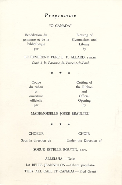 Programme de l'inauguration du Centre Joseph-Beaulieu
