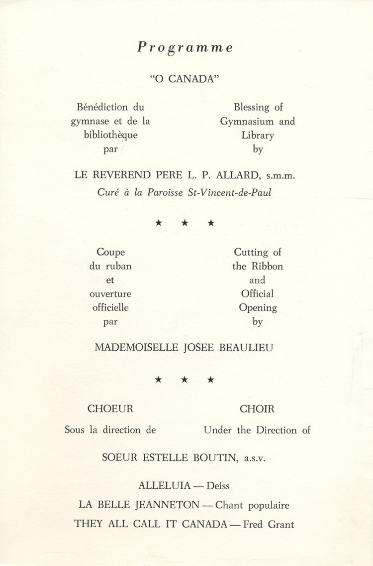 Programme de l'inauguration du Centre Joseph-Beaulieu